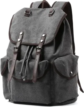 Vintage Canvas Backpack for Men Women, Retro Backpack Fits 15.6 Laptop, Casual Flap Backpacks for College, Durable Leather Trim Rucksack for Work Camping Traveling Grey