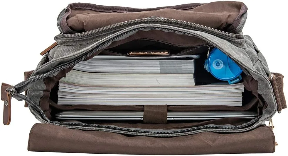 Vintage Genuine Leather Waxed Canvas Briefcase Large Satchel Shoulder Bag Rugged Computer 15.6" Laptop Bag