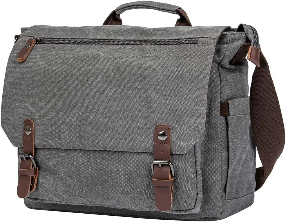 Vintage Genuine Leather Waxed Canvas Briefcase Large Satchel Shoulder Bag Rugged Computer 15.6" Laptop Bag