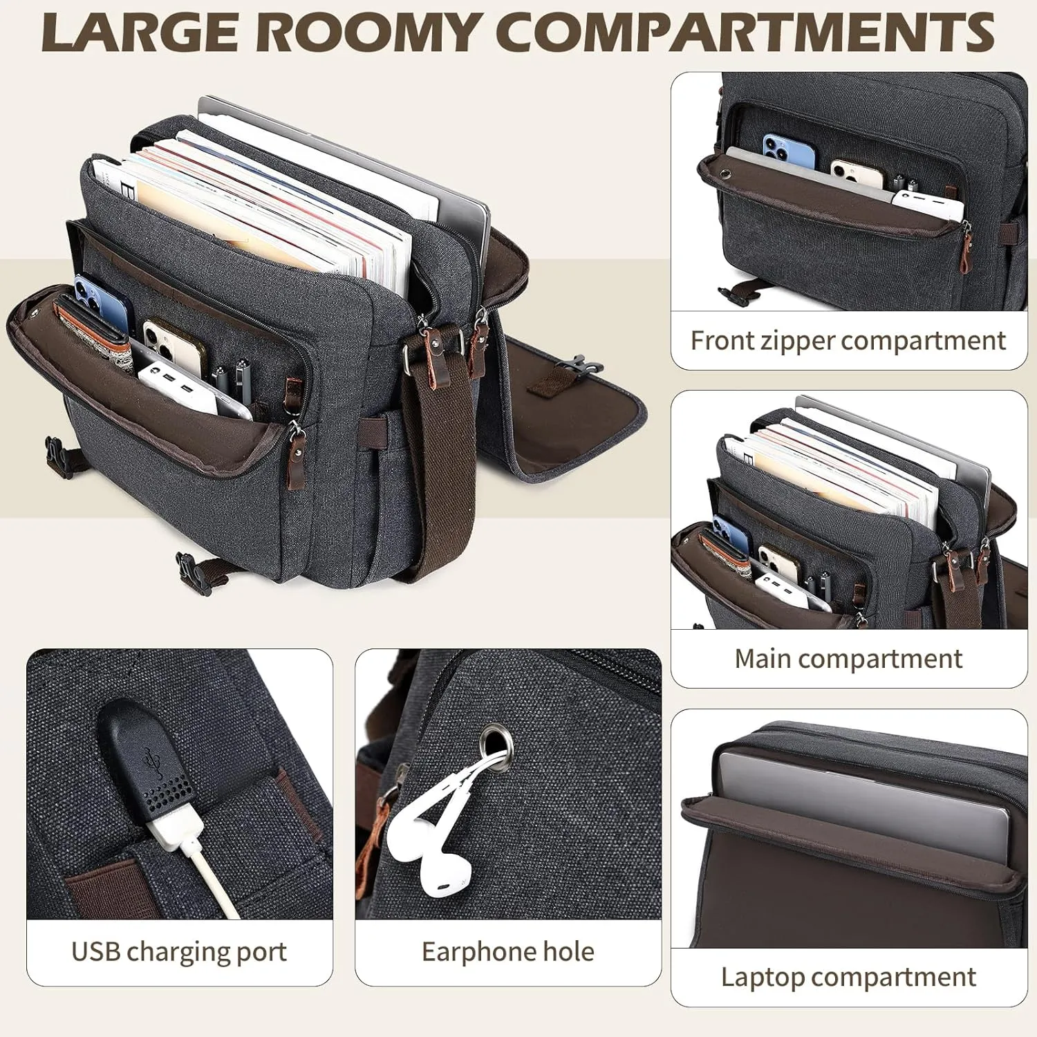 Vintage Messenger Bag 15.6 Inch Waterproof Genuine Leather Waxed Canvas Briefcase Large Leather Computer Laptop Bag