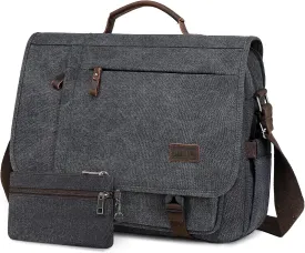 Vintage Messenger Bag 15.6 Inch Waterproof Genuine Leather Waxed Canvas Briefcase Large Leather Computer Laptop Bag
