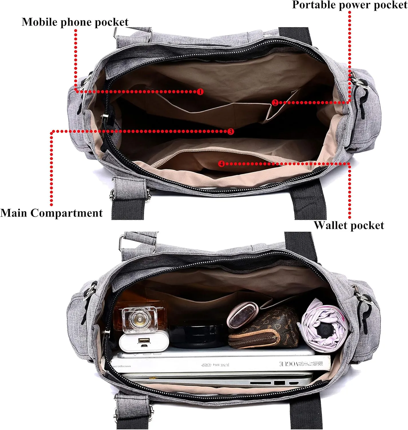VOLGANIK ROCK Canvas Tote Bag Waterproof Nylon Multi Pocket Shoulder Bags Laptop Work Bag Teacher Purse Handbag for Women Men