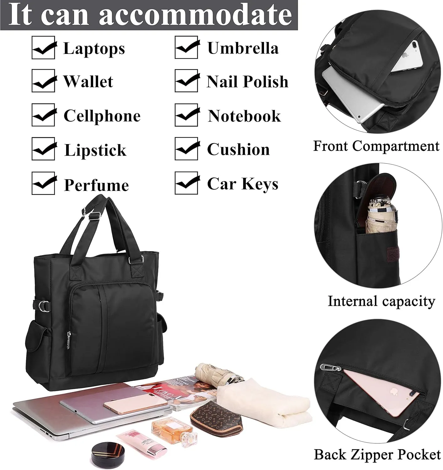 VOLGANIK ROCK Canvas Tote Bag Waterproof Nylon Multi Pocket Shoulder Bags Laptop Work Bag Teacher Purse Handbag for Women Men