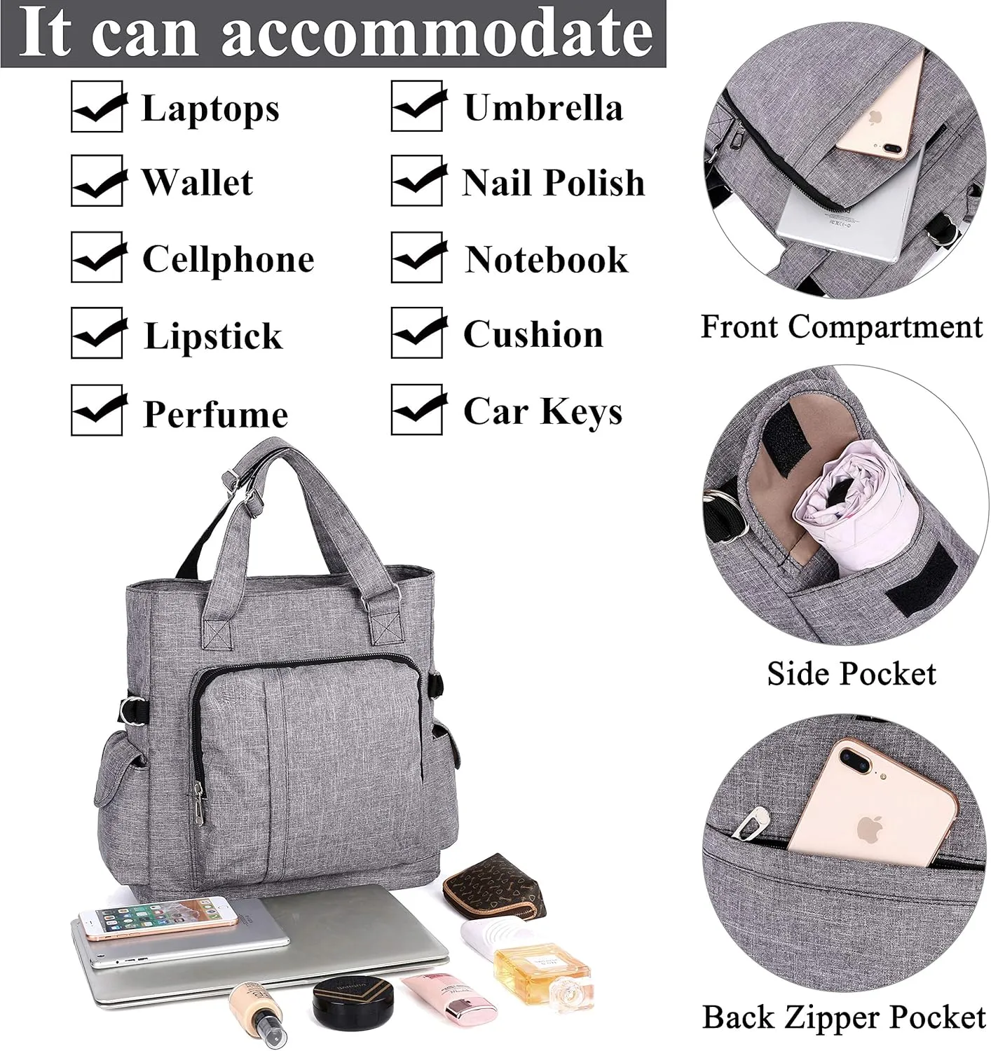 VOLGANIK ROCK Canvas Tote Bag Waterproof Nylon Multi Pocket Shoulder Bags Laptop Work Bag Teacher Purse Handbag for Women Men