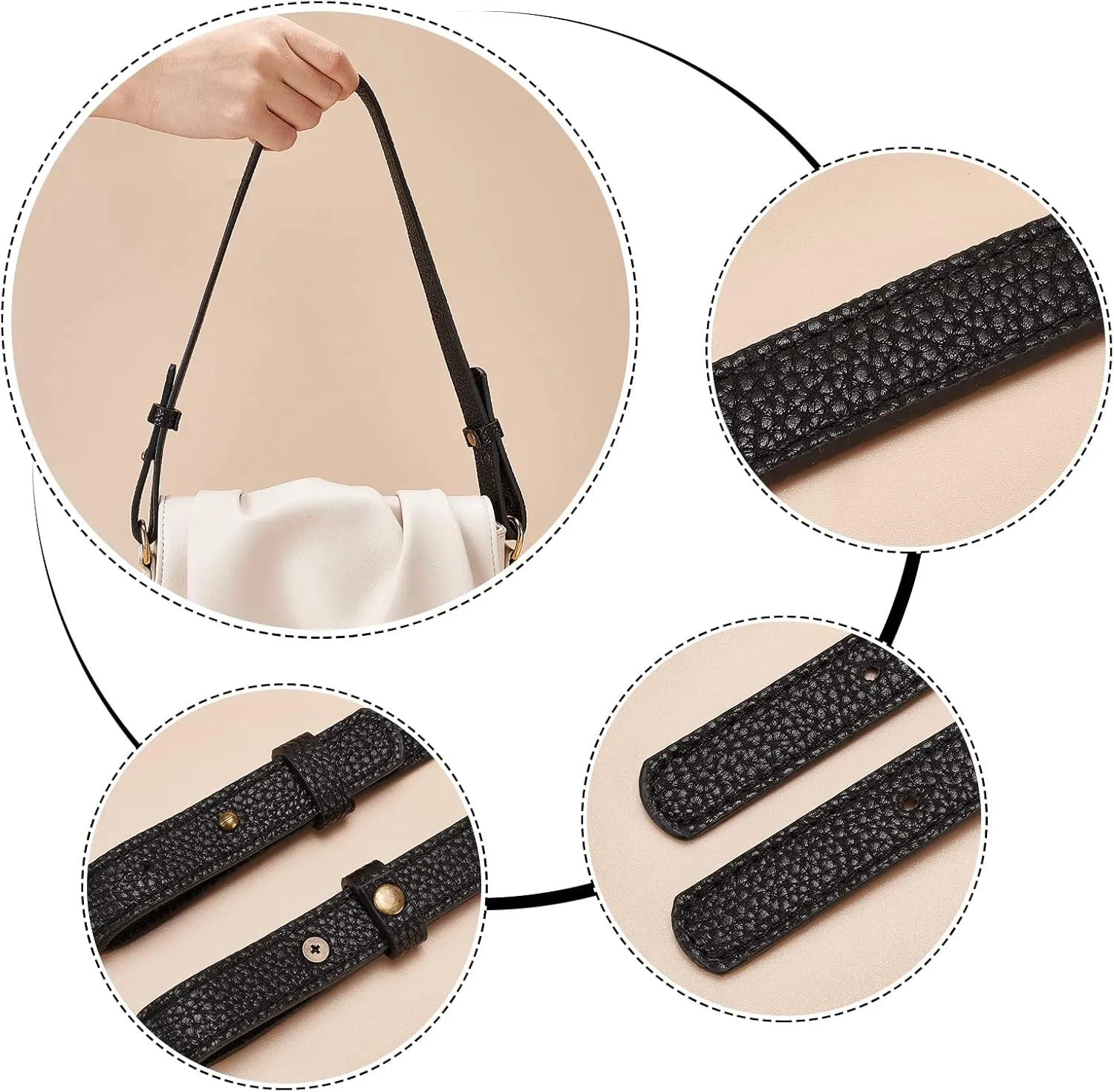 WADORN 2pcs Leather Shoulder Bag Strap, 30.3 Inch Adjustable Purse Strap Replacement Handbag Strap Belt Tote Bag Strap with Rivets for Briefcase Messenger Bag Bucket Bag, 0.9 Inch Width, Black