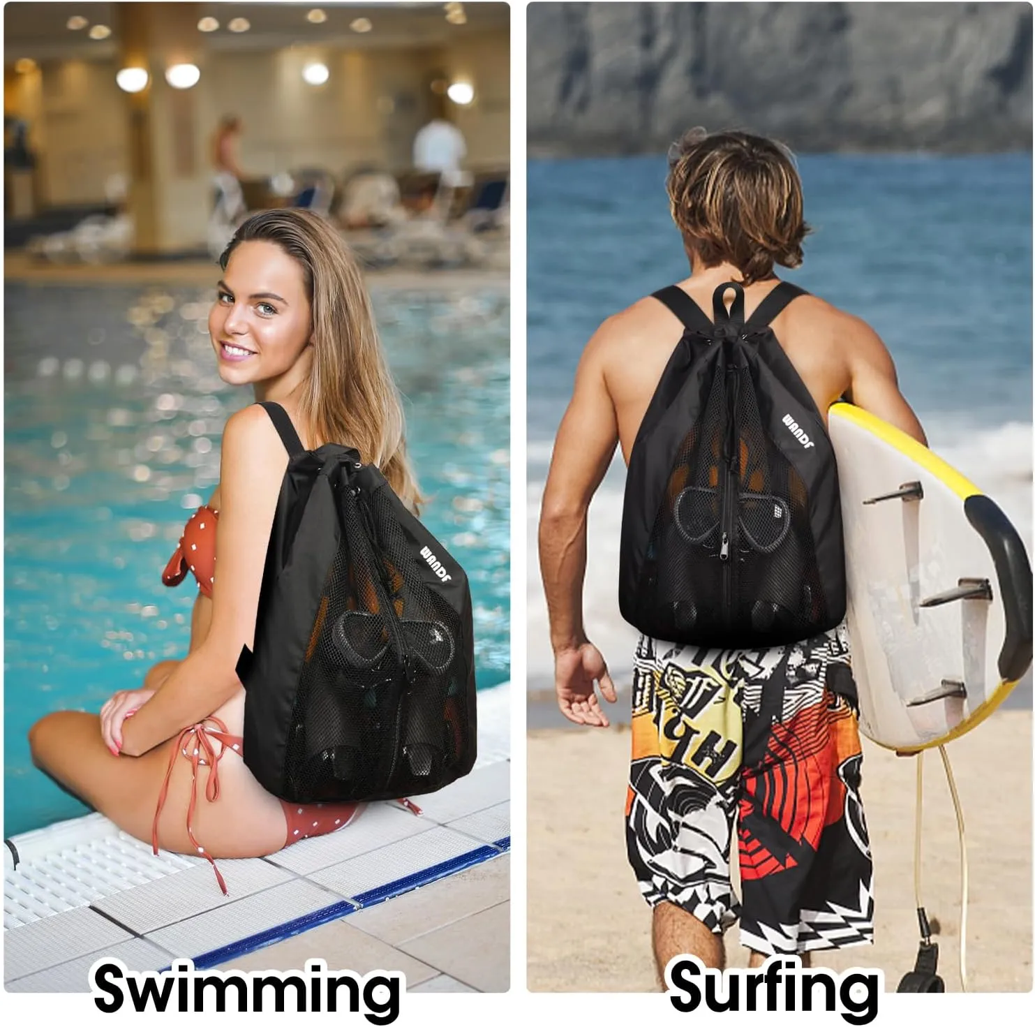 WANDF Swim Bag Mesh Drawstring Backpack Beach Backpack for Swimming, Gym, and Workout Gear