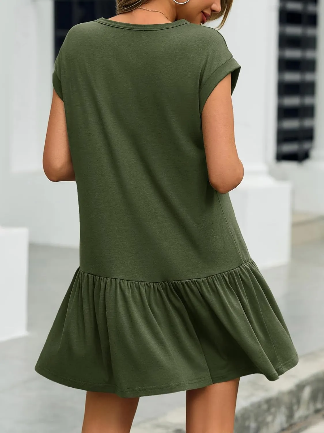 Wenrine Womens Summer T Shirt Dress Casual Short Cap Sleeve Ruffle Hem Crewneck Loose Mini Dresses