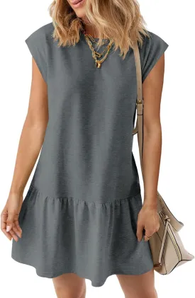 Wenrine Womens Summer T Shirt Dress Casual Short Cap Sleeve Ruffle Hem Crewneck Loose Mini Dresses