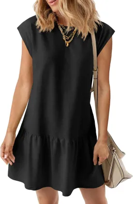 Wenrine Womens Summer T Shirt Dress Casual Short Cap Sleeve Ruffle Hem Crewneck Loose Mini Dresses