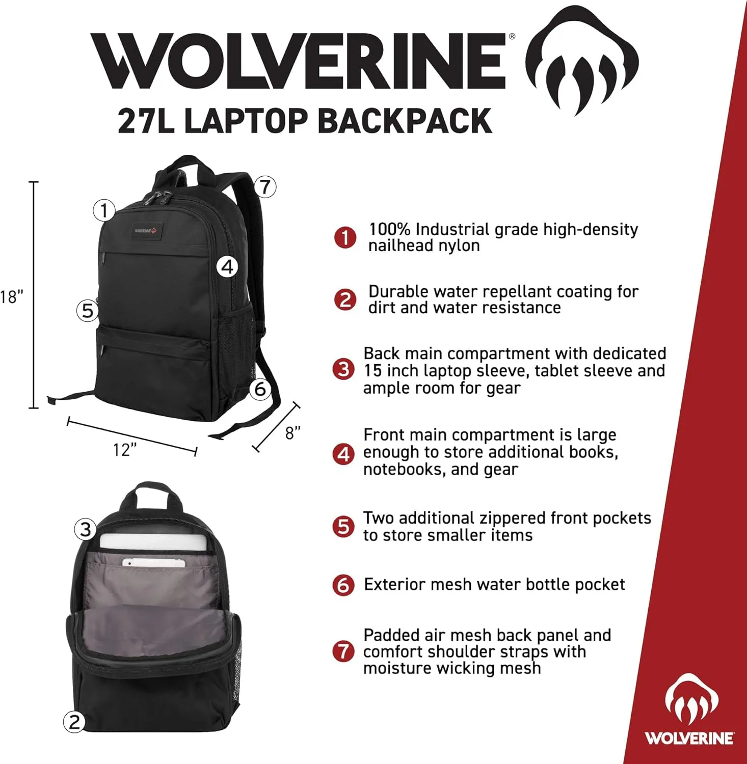 WOLVERINE Lightweight, Water Resistant Rugged Laptop Backpack for Travel or Work, Slimline-Black, 27L