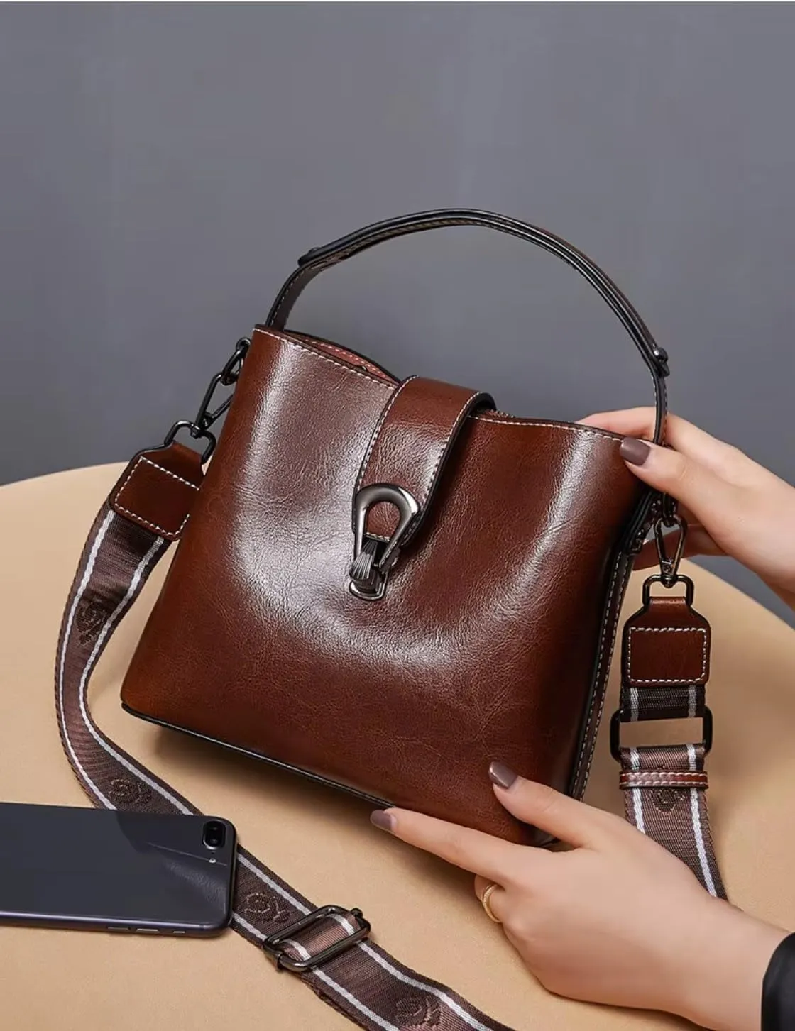 Women Genuine Real Leather Bucket Hobo Handbag, Vintage Fashion Top handle Satchel Crossbody Bag w/ 2 Straps