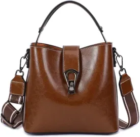 Women Genuine Real Leather Bucket Hobo Handbag, Vintage Fashion Top handle Satchel Crossbody Bag w/ 2 Straps