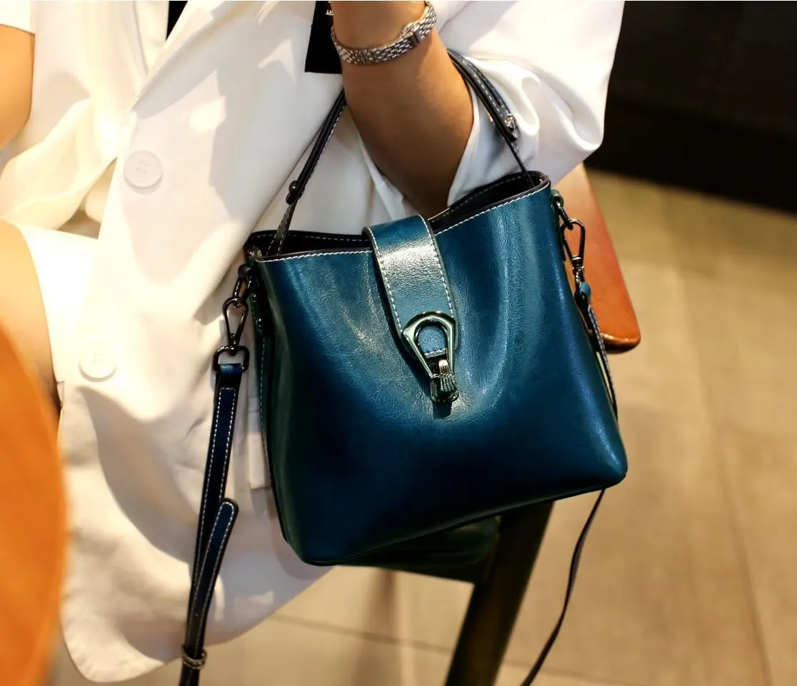 Women Genuine Real Leather Bucket Hobo Handbag, Vintage Fashion Top handle Satchel Crossbody Bag w/ 2 Straps
