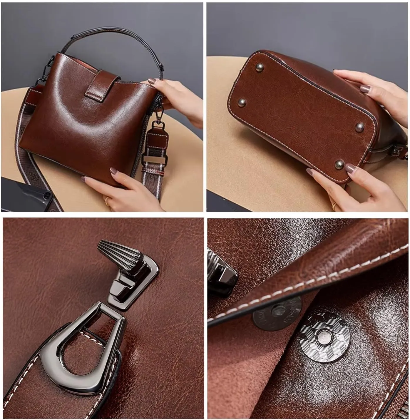 Women Genuine Real Leather Bucket Hobo Handbag, Vintage Fashion Top handle Satchel Crossbody Bag w/ 2 Straps