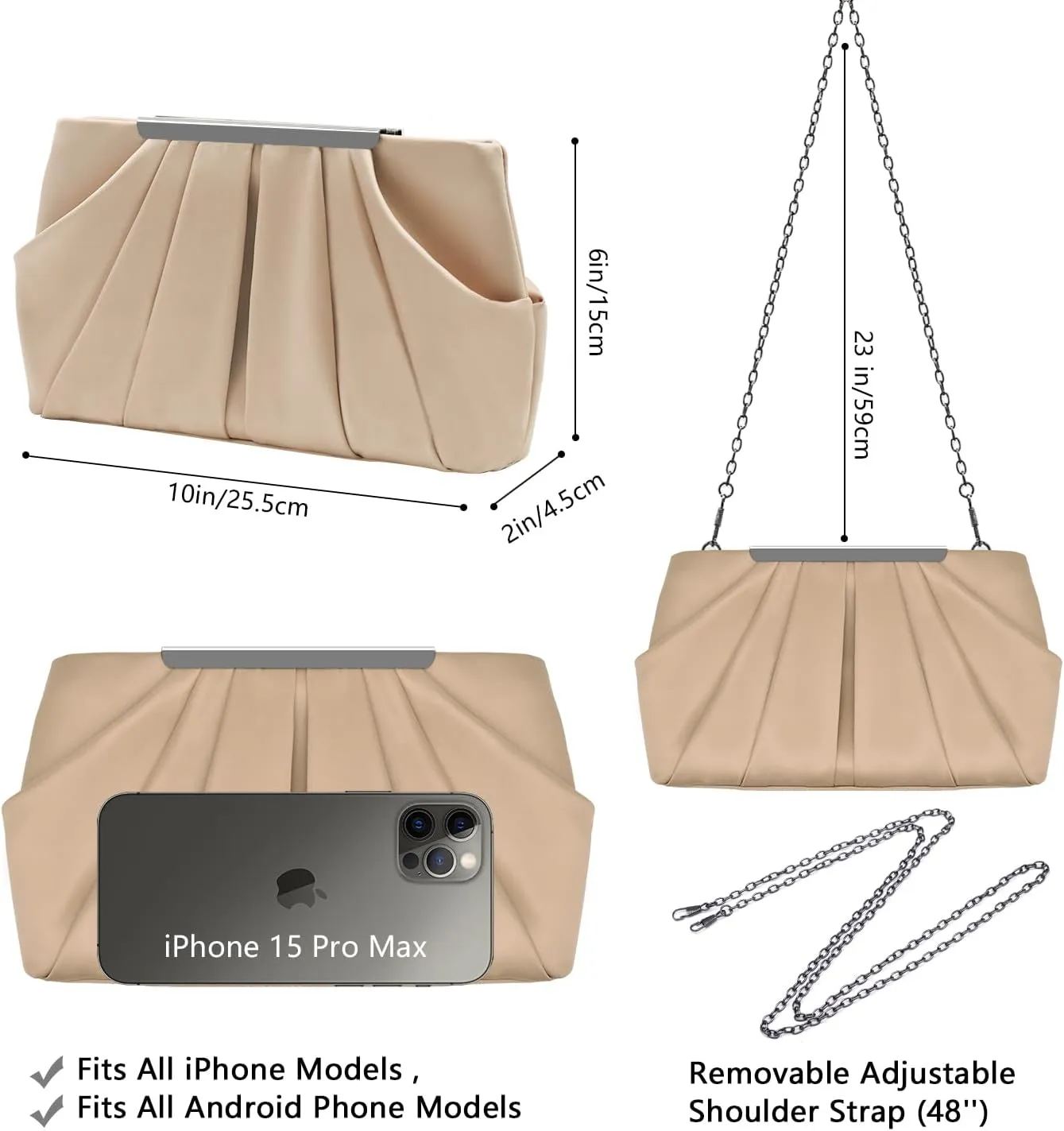 Womens Pleated Satin Evening Handbag Clutch Navy Clutch Purse With Detachable Chain Strap Wedding Cocktail Party Bag