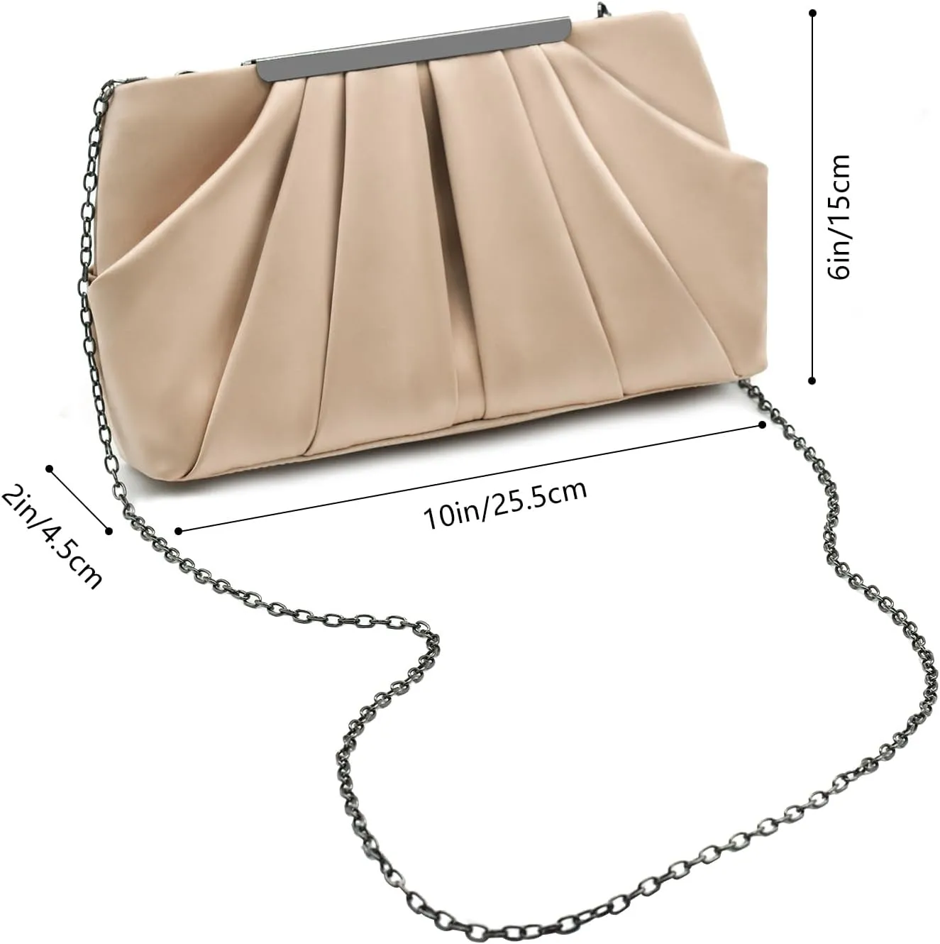 Womens Pleated Satin Evening Handbag Clutch Navy Clutch Purse With Detachable Chain Strap Wedding Cocktail Party Bag