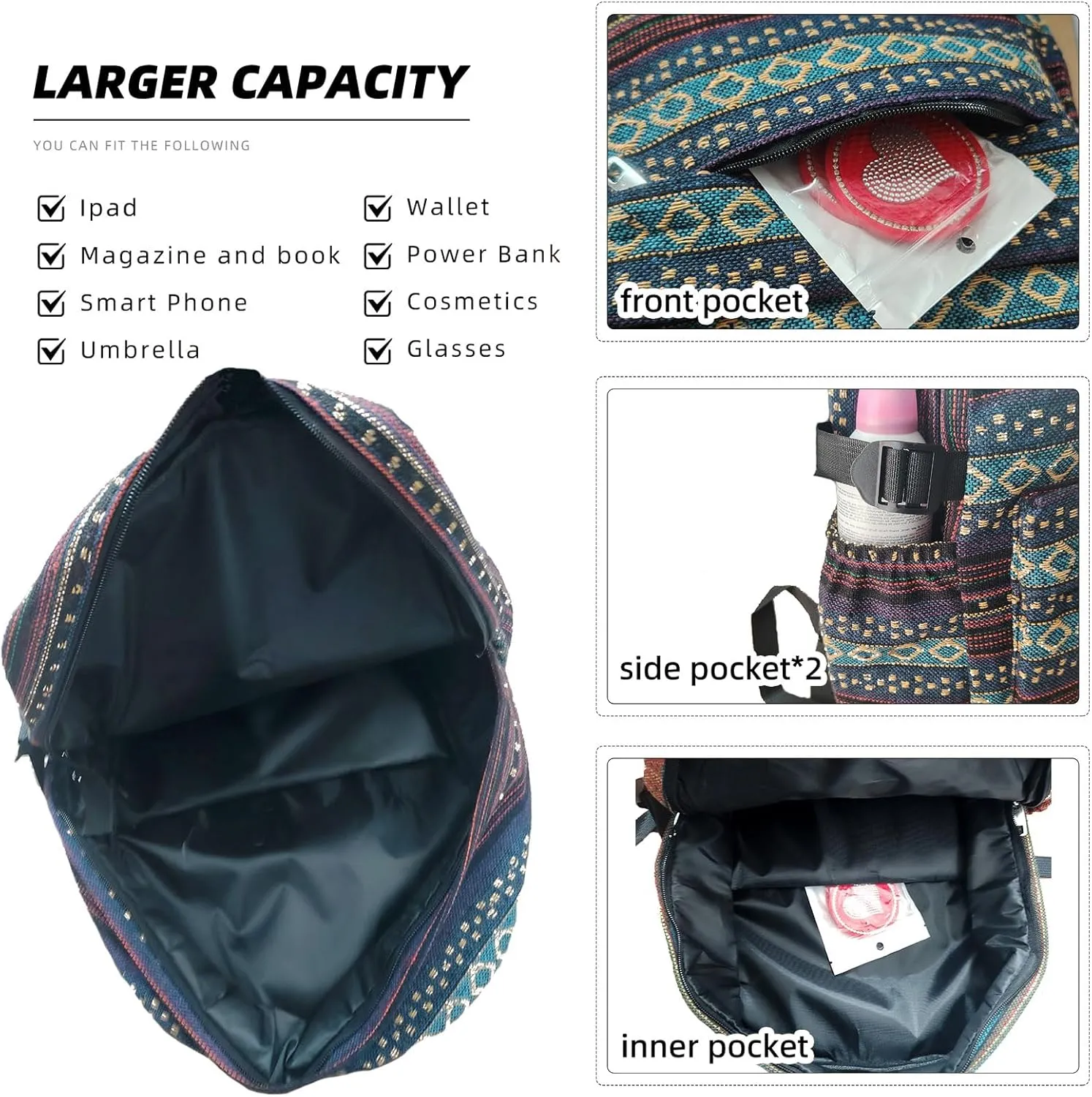 Yaopeing Casual Backpack for Women,Vintage Unique Style Fashion Backpacks Purse, Boho Ethnic Handbag Shoulder Bag,Dark blue